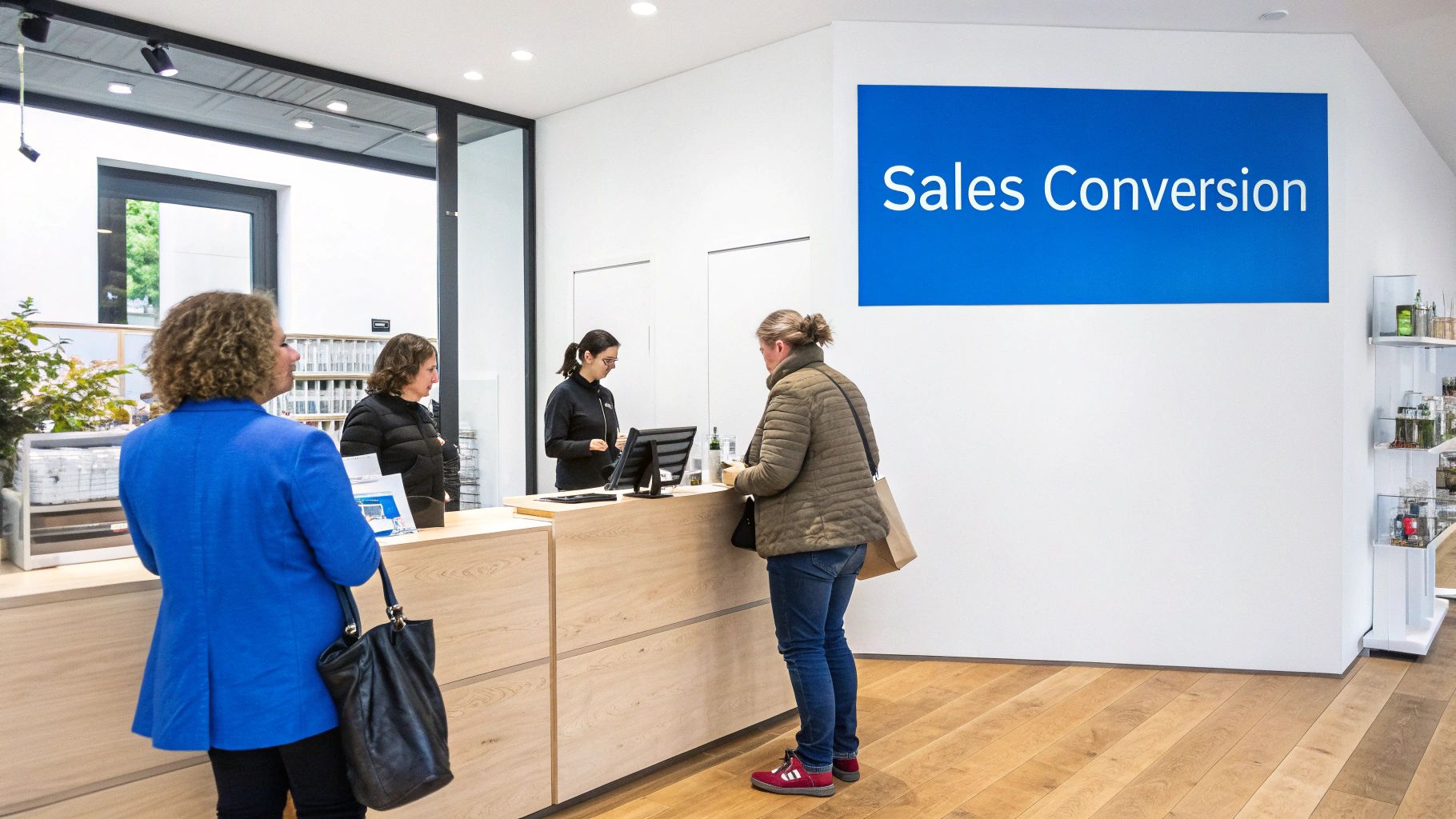 Customers interacting with staff at a modern service counter with a prominent "Sales Conversion" sign.