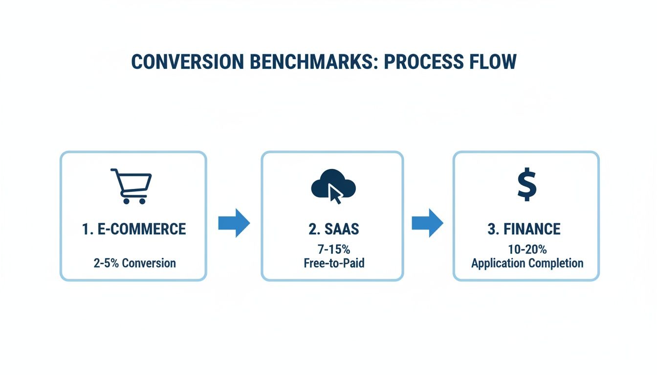 A process flow diagram showcasing conversion benchmarks for E-commerce, SAAS, and Finance industries.