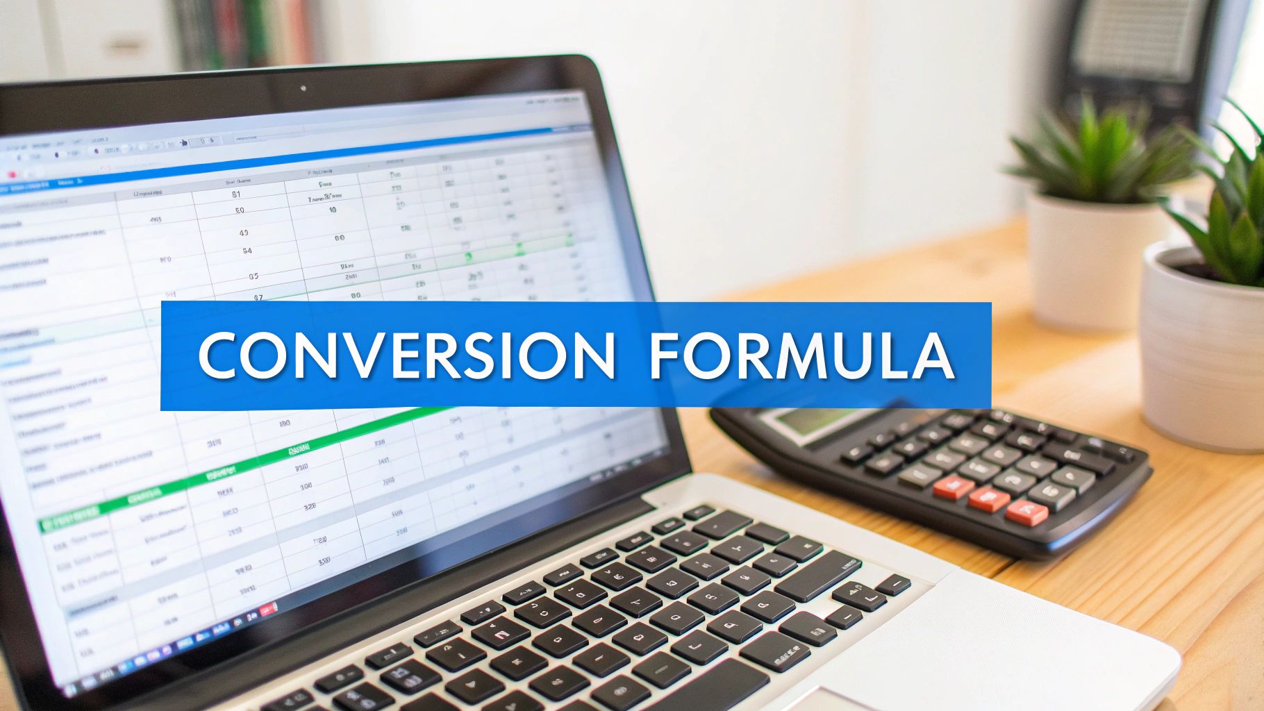 Laptop displaying a spreadsheet, a calculator, and potted plants on a desk, with 'CONVERSION FORMULA' banner.