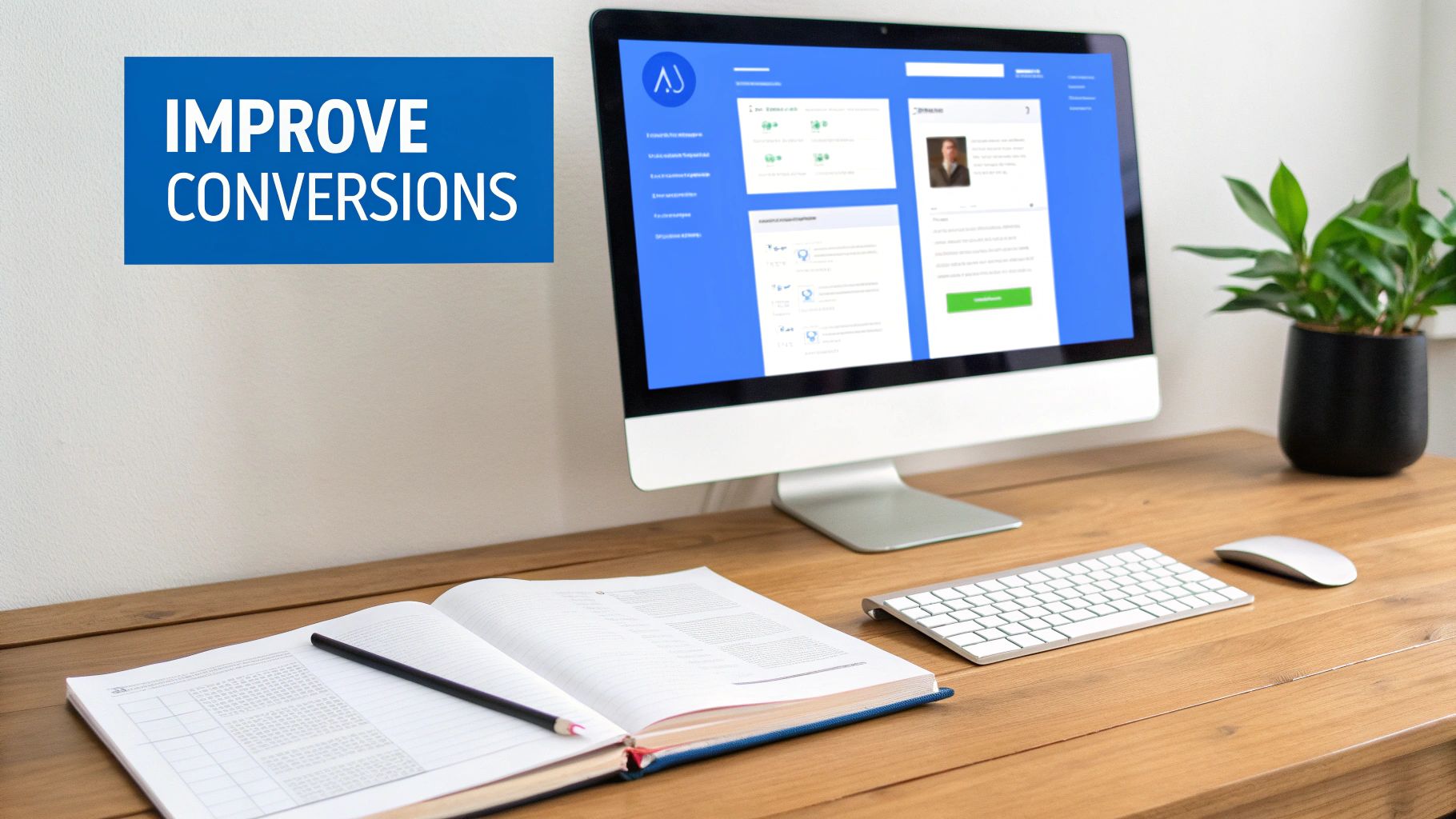 A clean desk workspace featuring a computer with a dashboard and an "IMPROVE CONVERSIONS" banner.