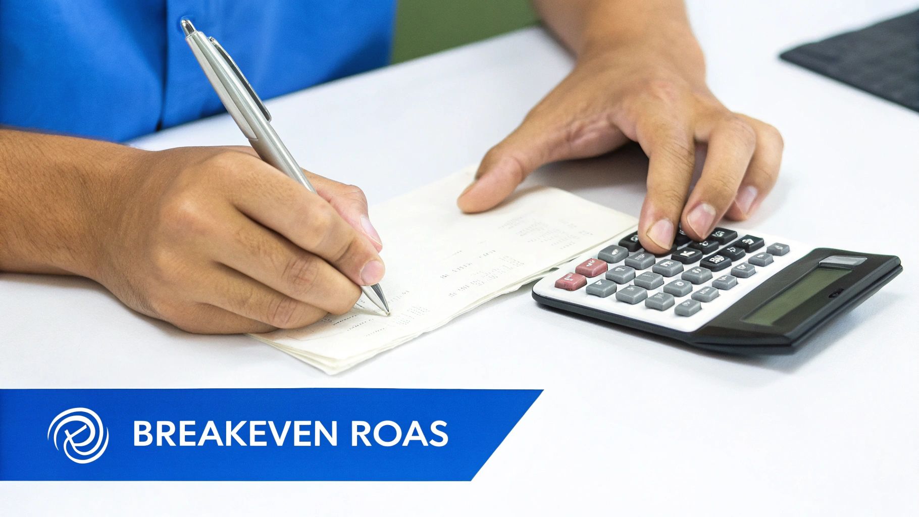 Hands calculating financial figures with a pen on paper and using a calculator, related to breakeven ROAS.