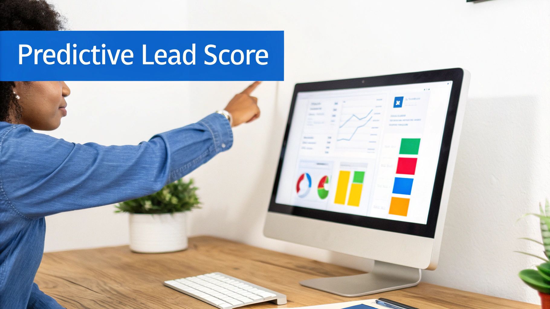 A person points at a desktop computer displaying a data dashboard, with a 'Predictive Lead Score' banner.