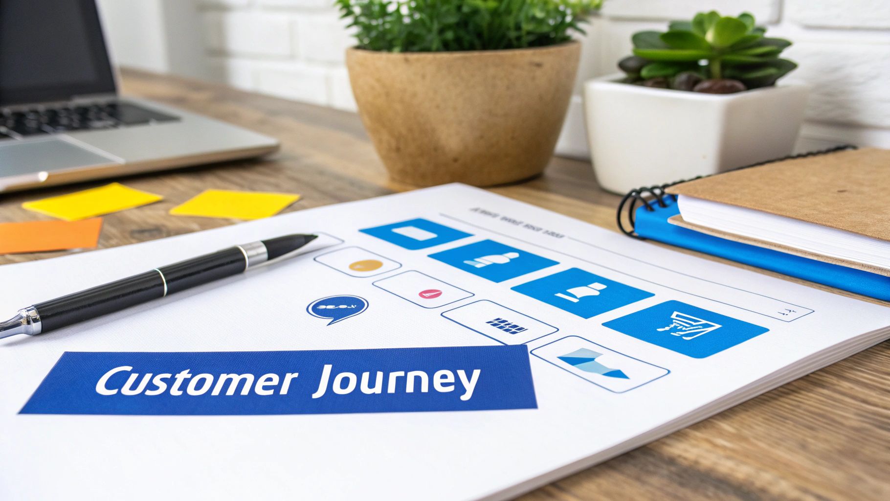 A document titled 'Customer Journey' on a wooden desk with icons, pen, laptop, and plants.