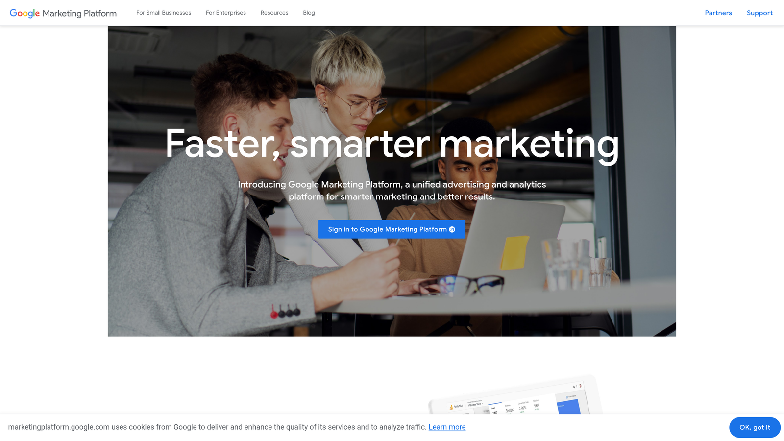Screenshot of Google Analytics 4 website homepage