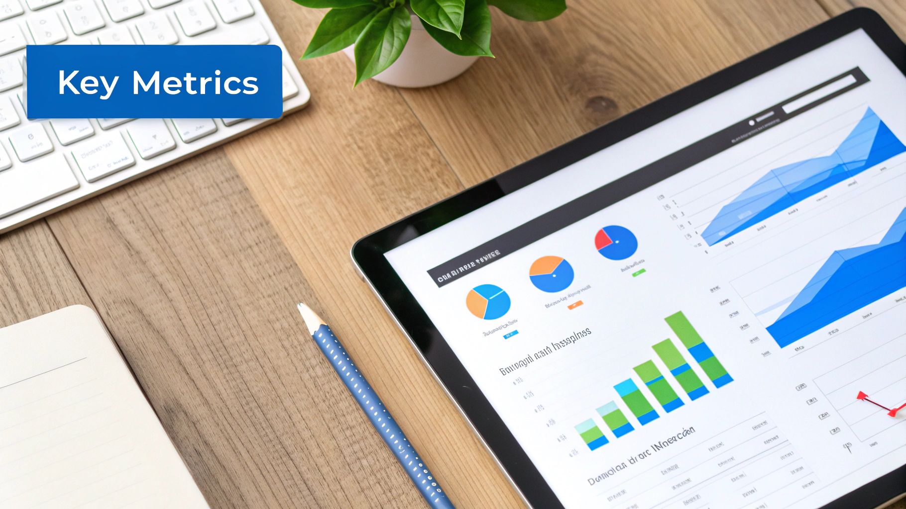 A tablet displaying business data, key performance metrics, charts, and graphs on a wooden desk.