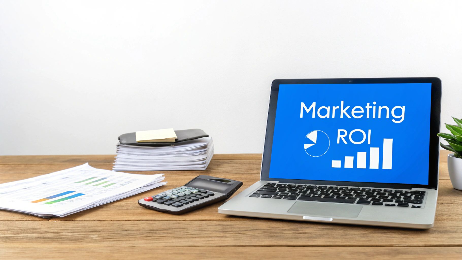 A laptop on a wooden desk displays 'Marketing ROI' with graphs, alongside a calculator and financial documents.