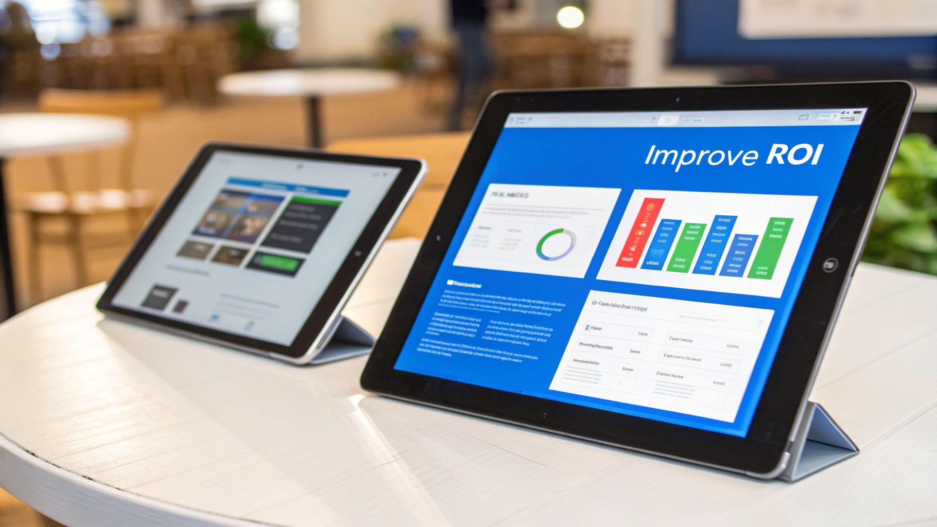 Two tablets on a white table, one displaying an 'Improve ROI' presentation with charts.