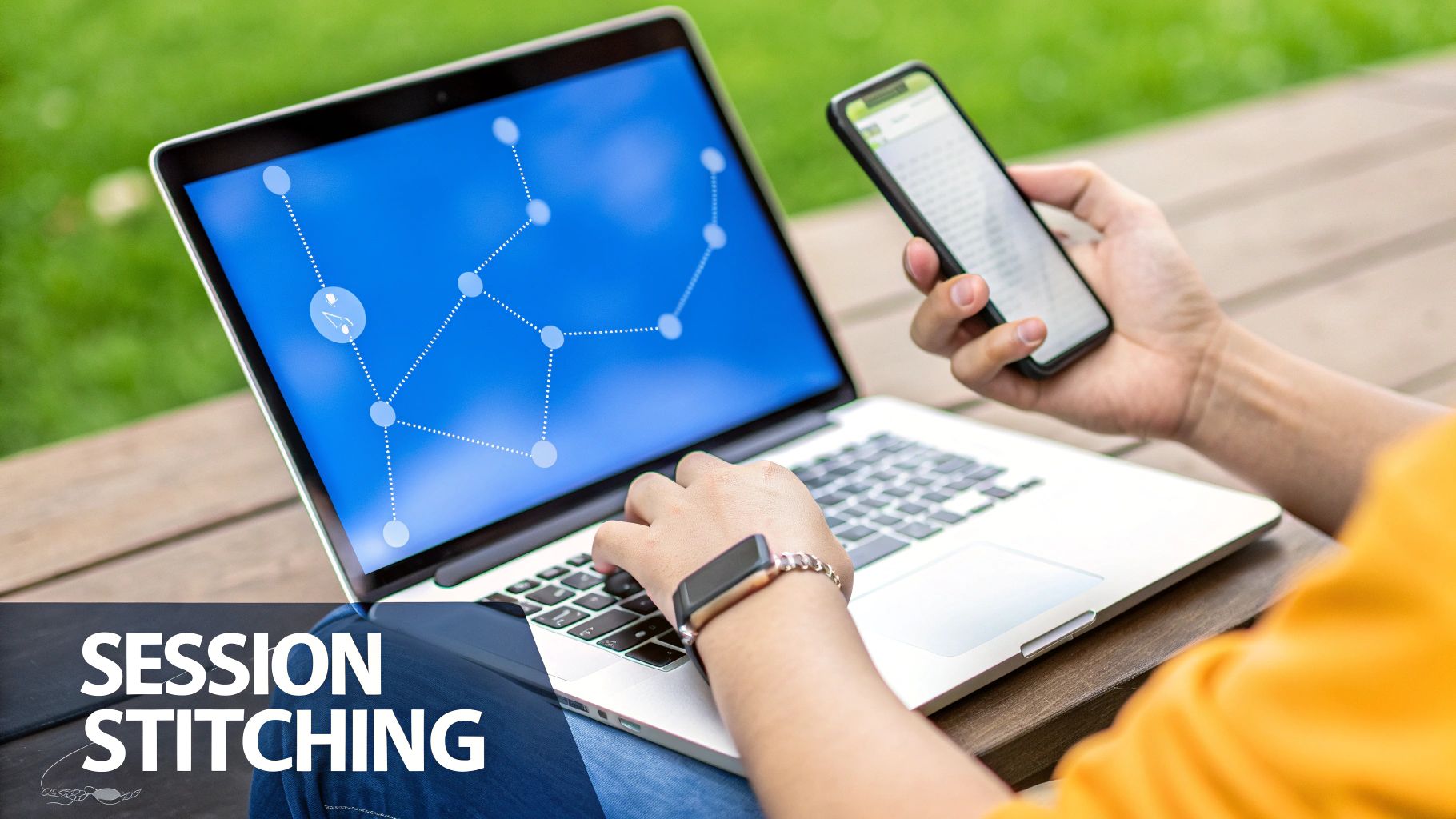 A person works outdoors on a laptop showing network connections, while also holding a smartphone.