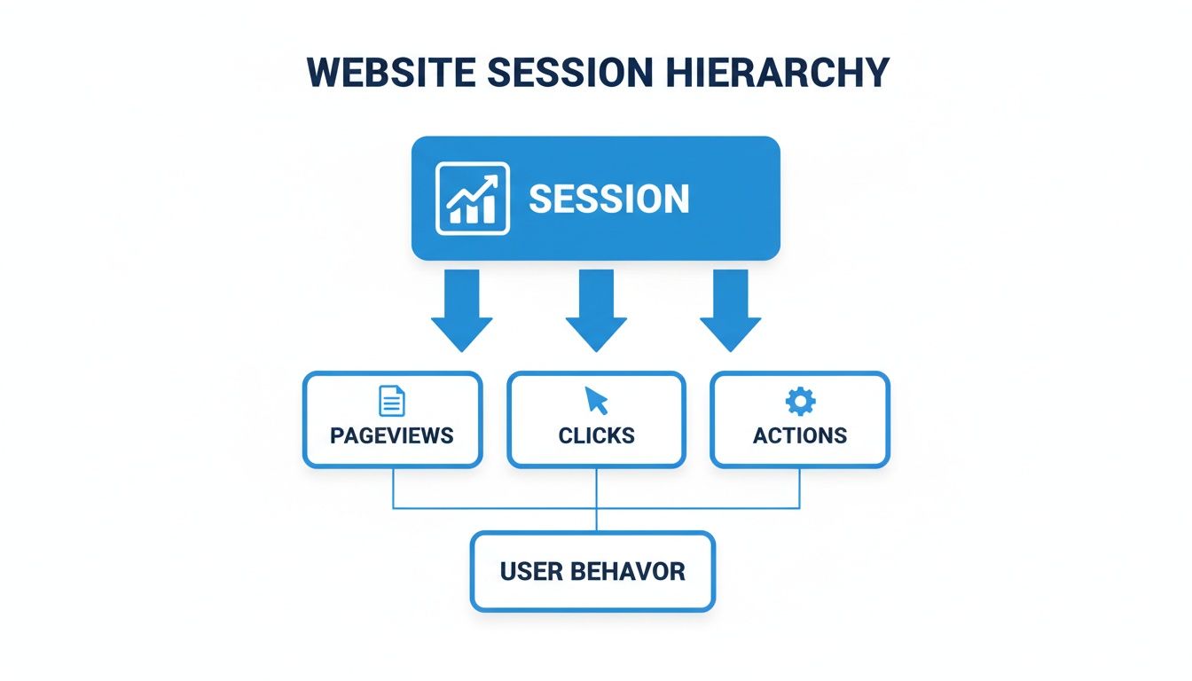 A hierarchical diagram illustrating website session components: Session, pageviews, clicks, actions, and user behavior.