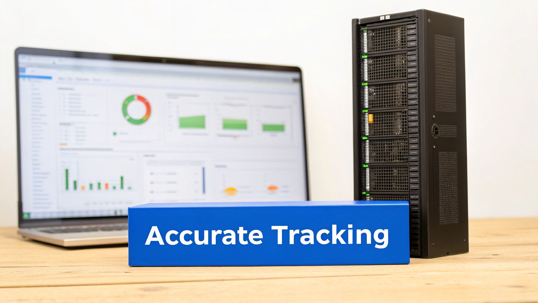 A laptop screen displaying data analytics with charts and graphs, a server rack, and a blue block inscribed with 'Accurate Tracking'.