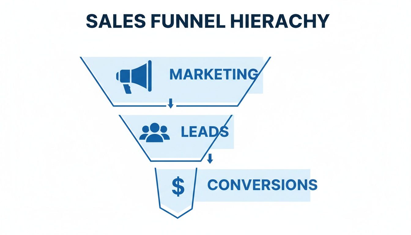 A sales funnel hierarchy diagram illustrating marketing efforts generating leads that result in conversions.