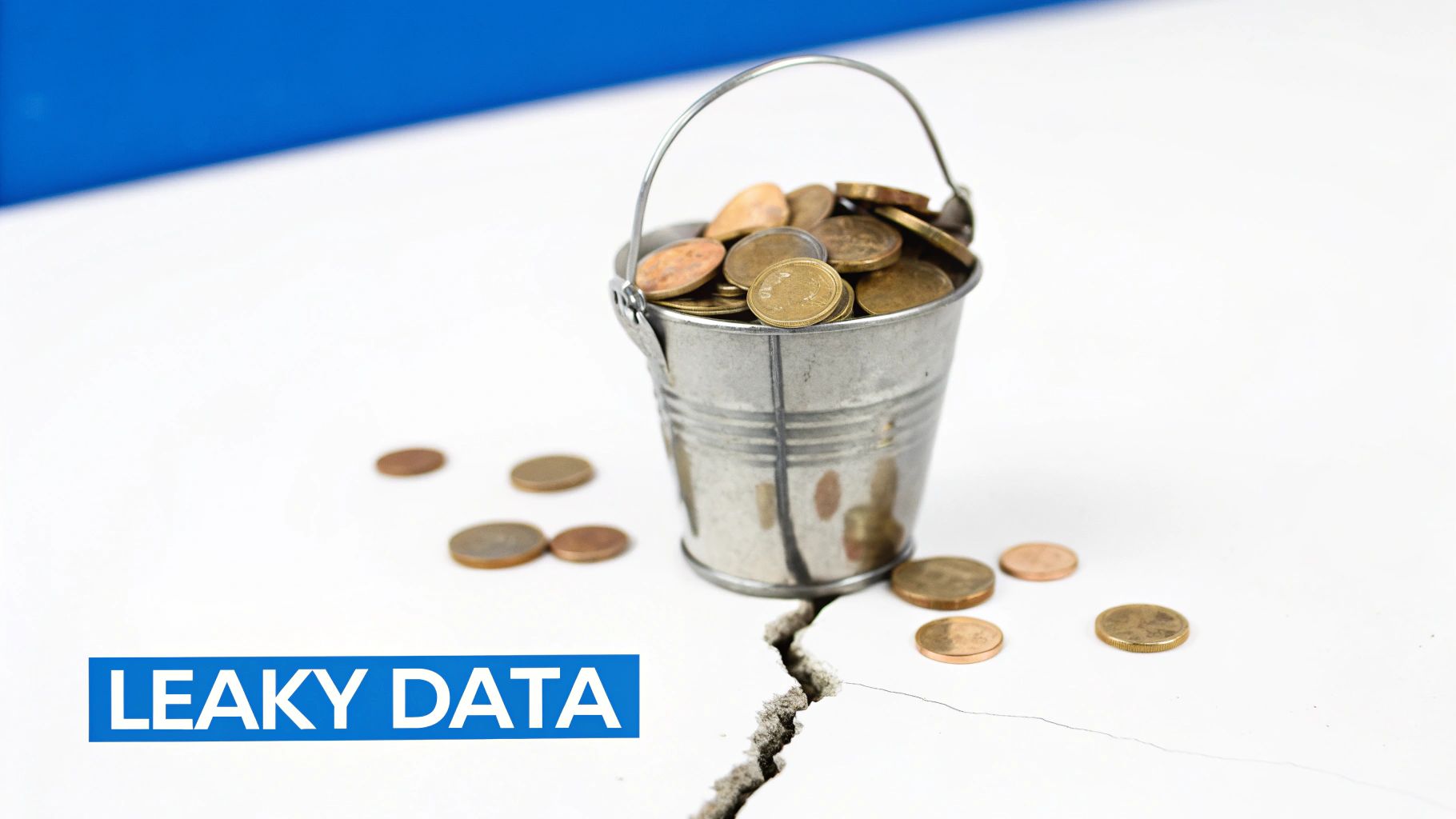 A metal bucket overflowing with coins, some spilled onto a cracked white surface with "LEAKY DATA" text.
