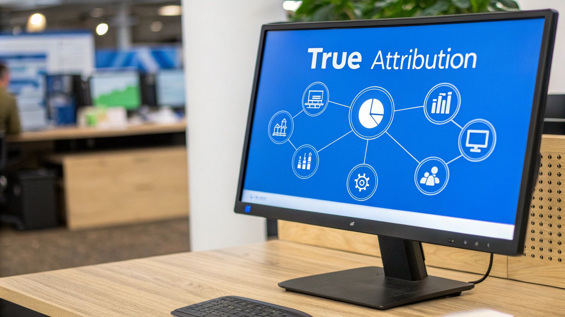 A computer monitor in an office displays 'True Attribution' with a network of data analytics icons.