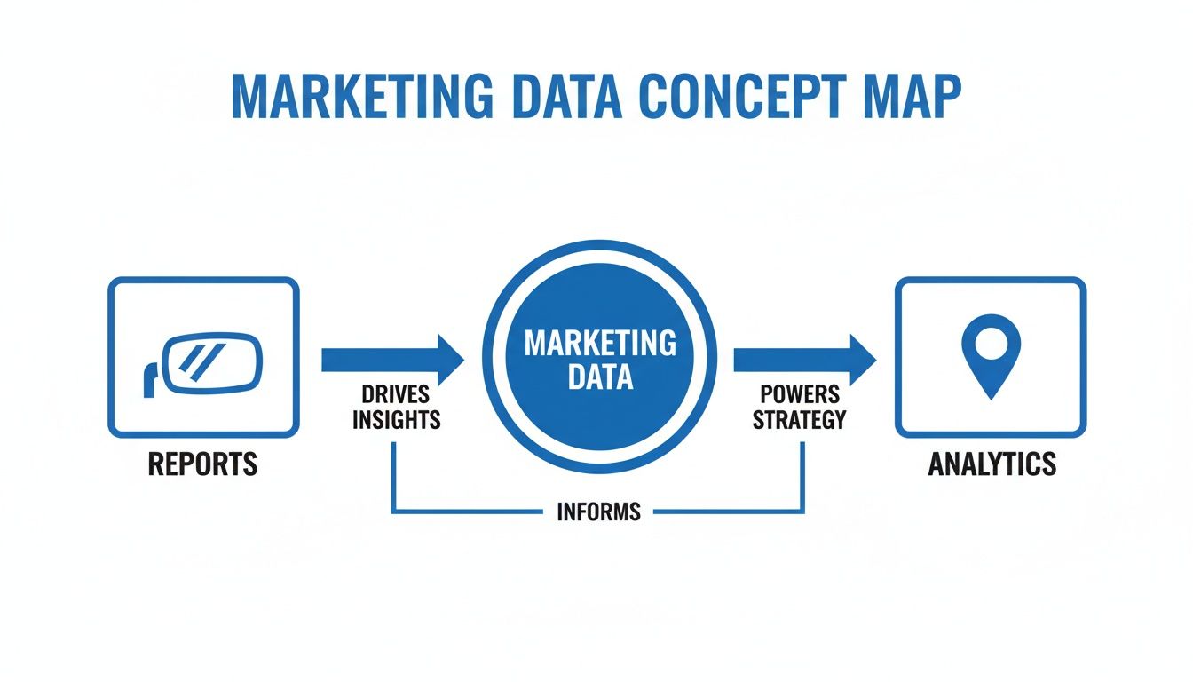 A marketing data concept map illustrating the relationship between reports, data, and analytics.