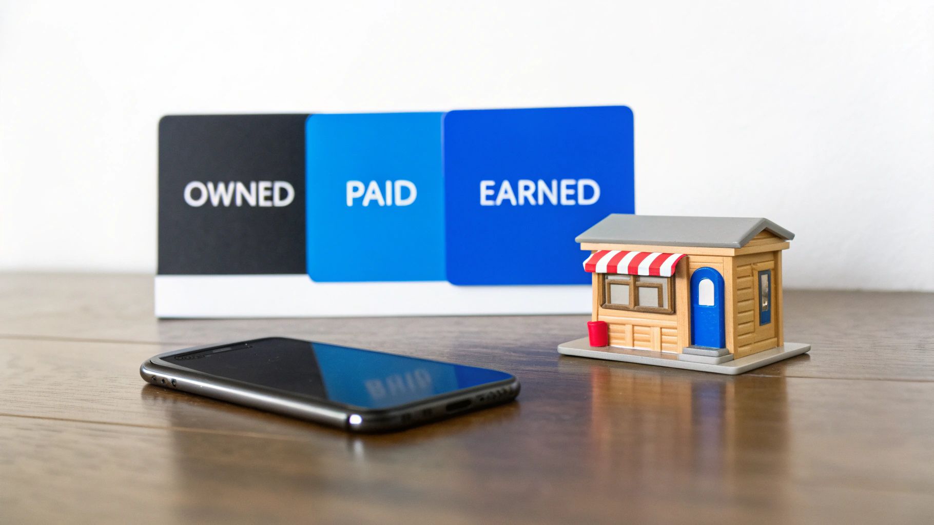 A smartphone, a miniature shop, and 'OWNED', 'PAID', 'EARNED' cards on a wooden table, representing financial concepts.