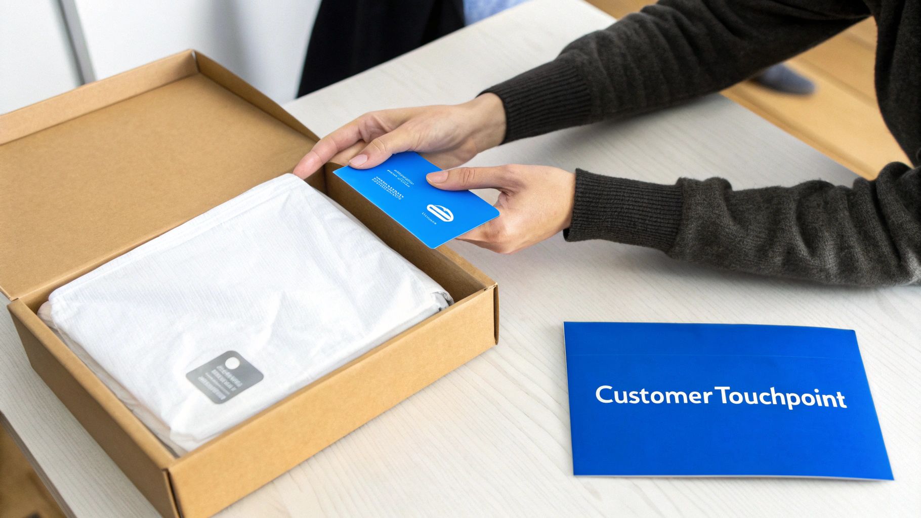 A person's hands unboxing a package, revealing a product, a blue card, and a 'Customer Touchpoint' envelope.