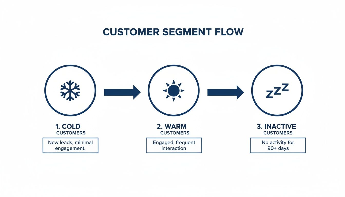 A customer segment flow diagram illustrating cold, warm, and inactive customer stages with descriptions.