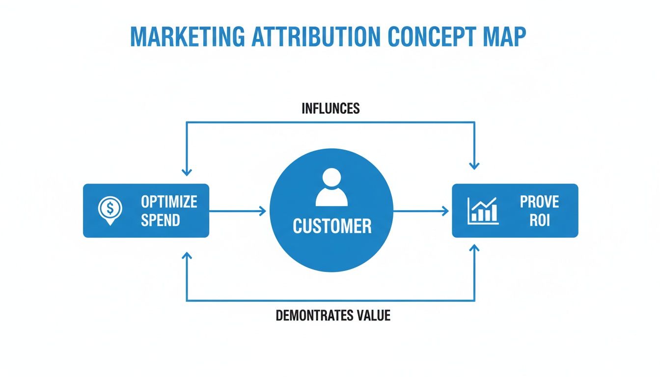 Marketing attribution concept map illustrating the link between optimizing spend, customer journey, proving ROI, and value feedback.