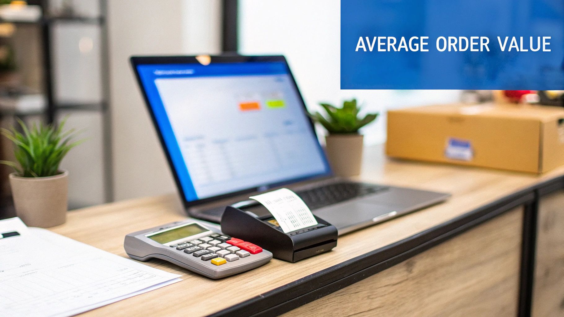 A desk with a laptop displaying sales data, calculator, receipt printer, and a box, illustrating 'Average Order Value'.
