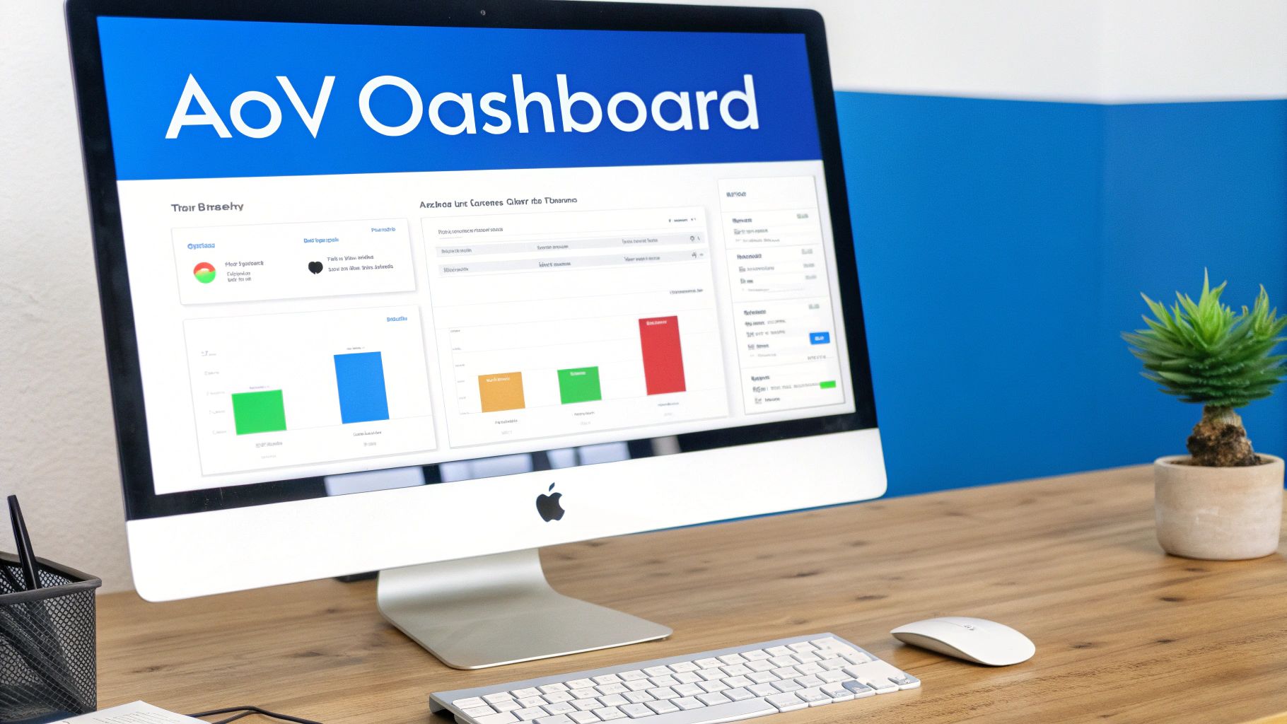 An Apple iMac computer displays an 'AoV Dashboard' with charts and data visualizations on a wooden desk.