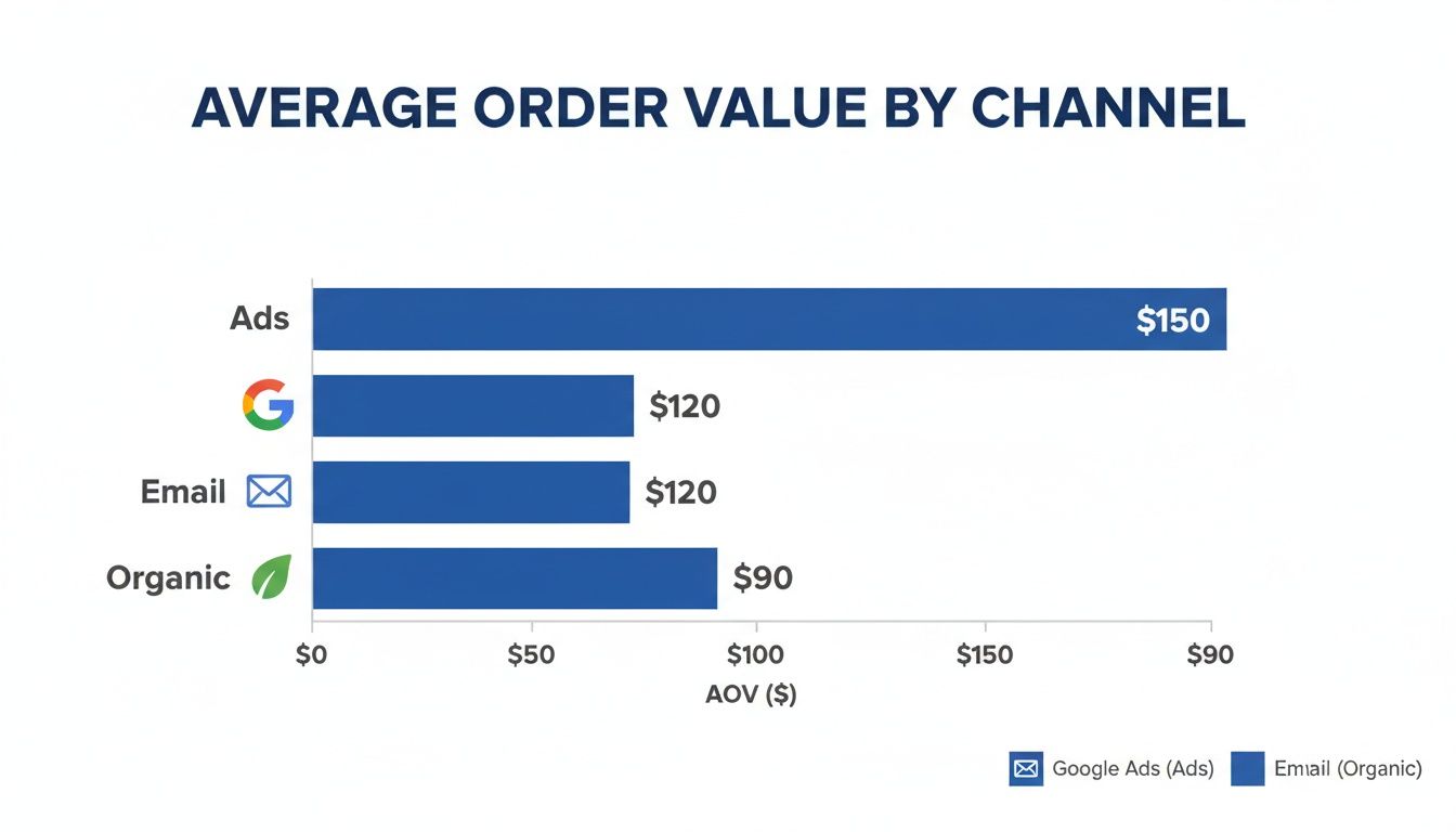 Horizontal bar chart displaying average order value by channel, with Ads leading at $150.