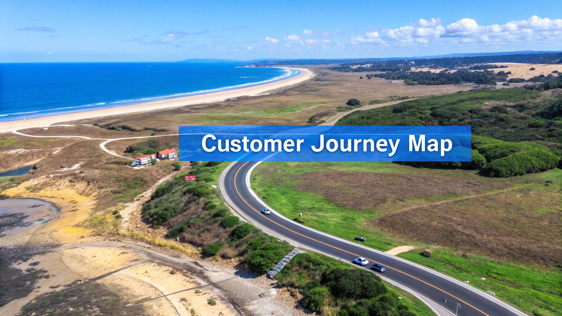 Aerial view of a coastal road, beach, and ocean with a 'Customer Journey Map' banner overlay.