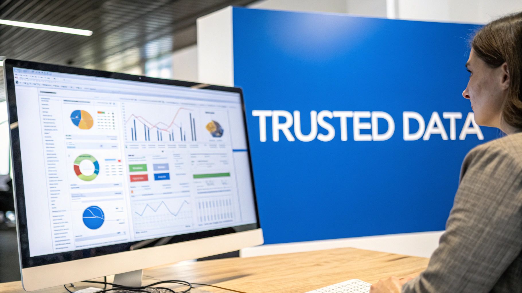 Side view of a person using a computer to review data analytics on a screen, with "TRUSTED DATA" displayed behind them.