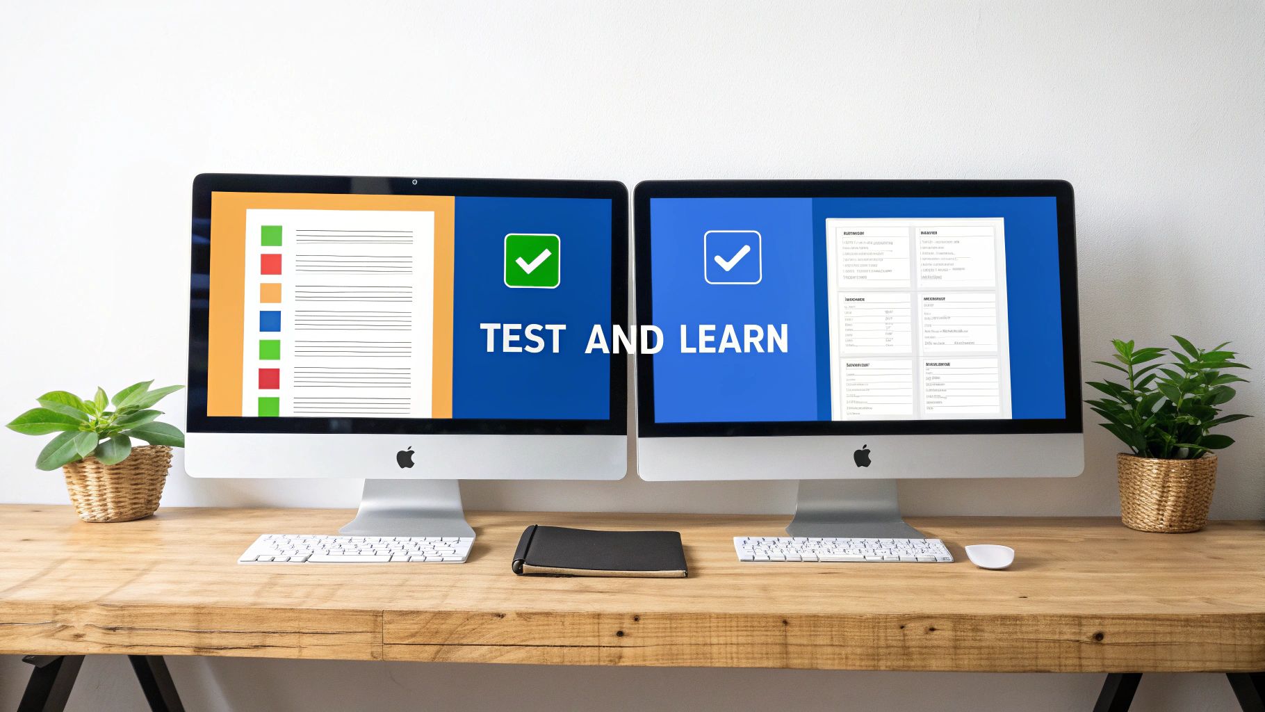 Two modern desktop computers on a wooden desk displaying 'TEST AND LEARN' content for online testing.