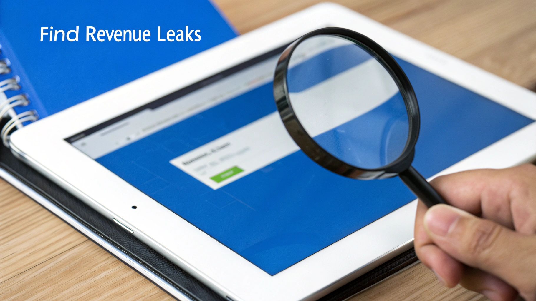 A hand holds a magnifying glass over a tablet screen displaying a webpage, with text 'Find Revenue Leaks'.