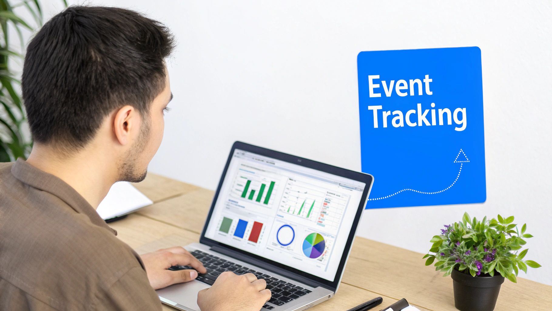 A person is typing on a laptop displaying data analytics charts, with a blue sign saying 'Event Tracking' on the wall.