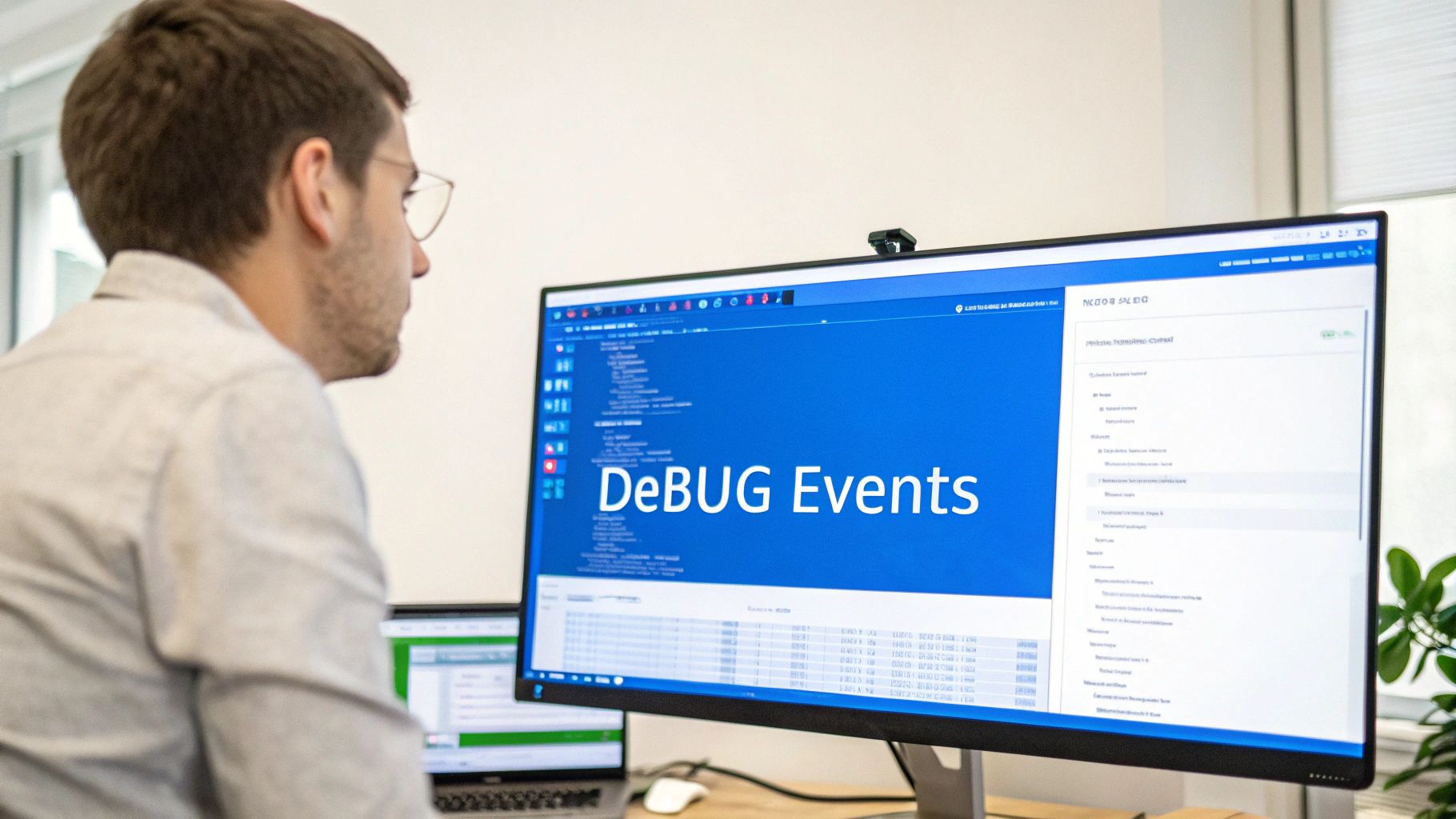 A man with glasses intently looking at a computer monitor displaying "DeBUG Events" on a blue screen.