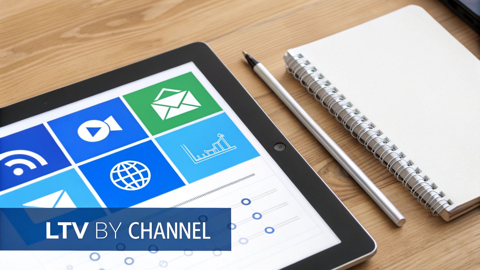 Tablet displaying LTV by channel data, marketing icons, a pen, and a notebook on a wooden desk.