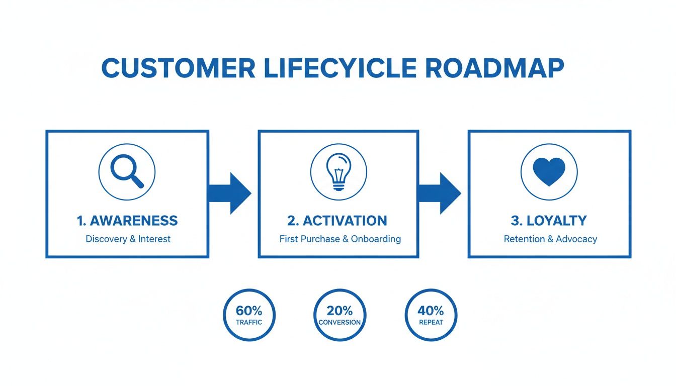 Customer lifecycle roadmap outlining three stages: Awareness, Activation, and Loyalty, with key metrics.