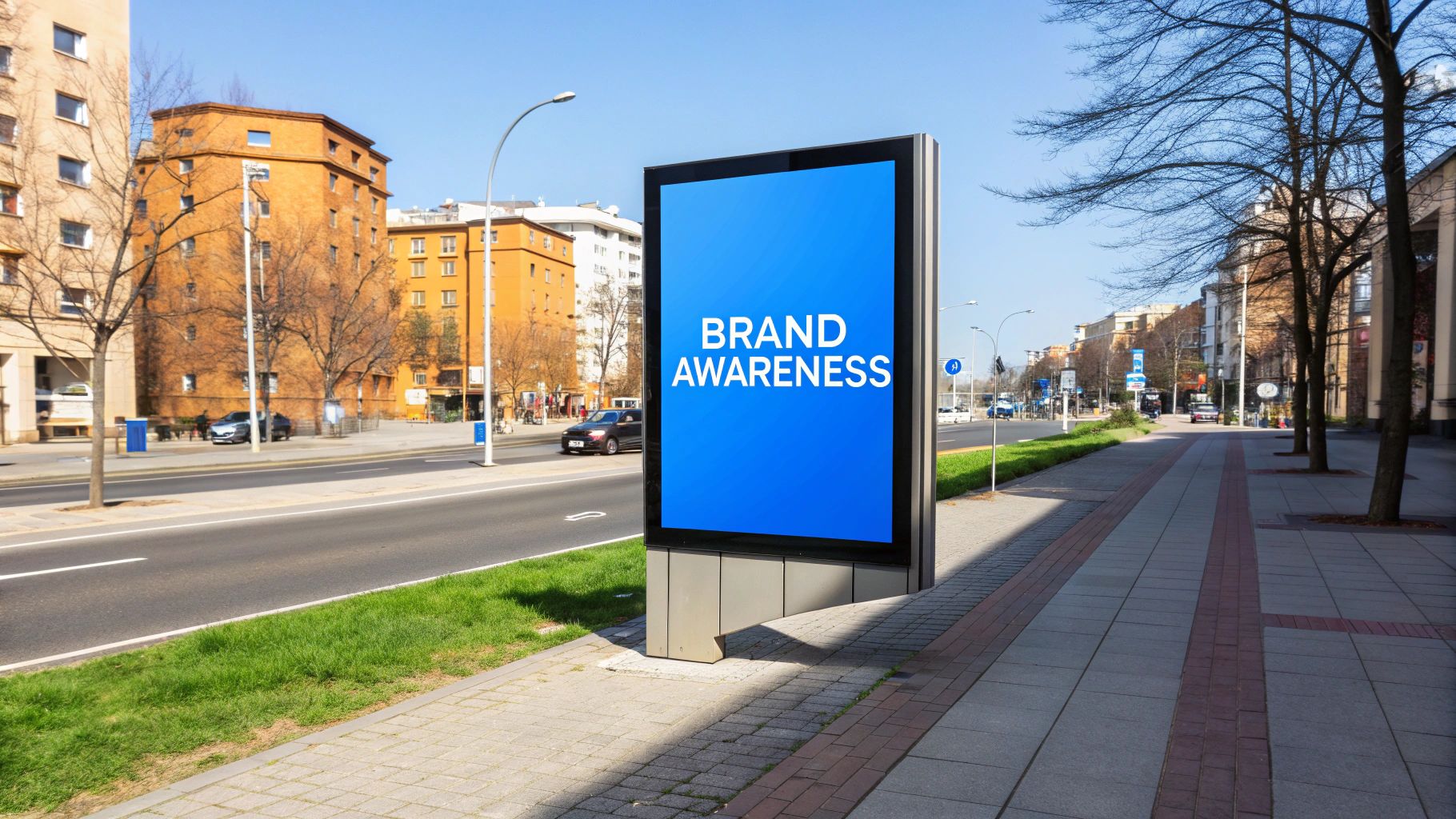 A vibrant blue digital billboard on a city sidewalk displays 'BRAND AWARENESS,' next to a busy street.