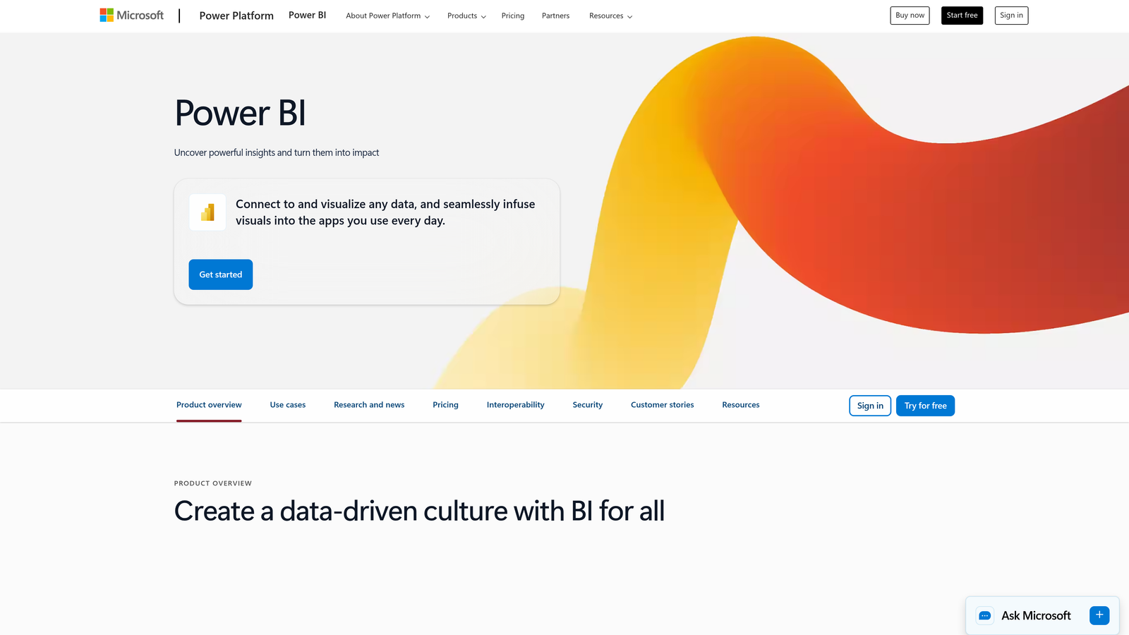 Screenshot of Microsoft Power BI website homepage