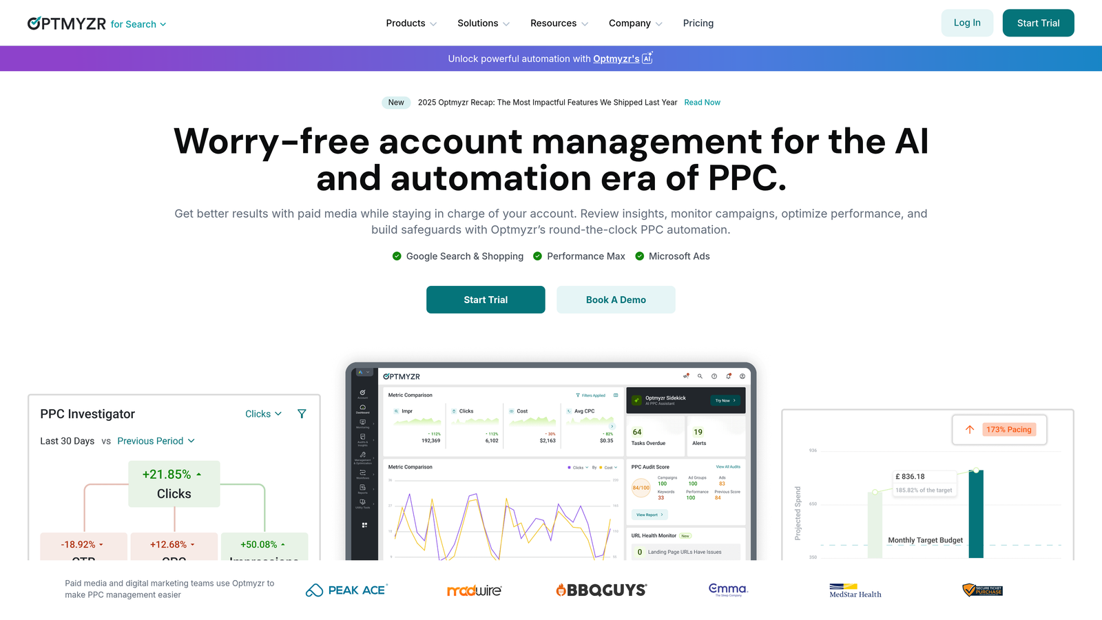 Screenshot of Optmyzr website homepage