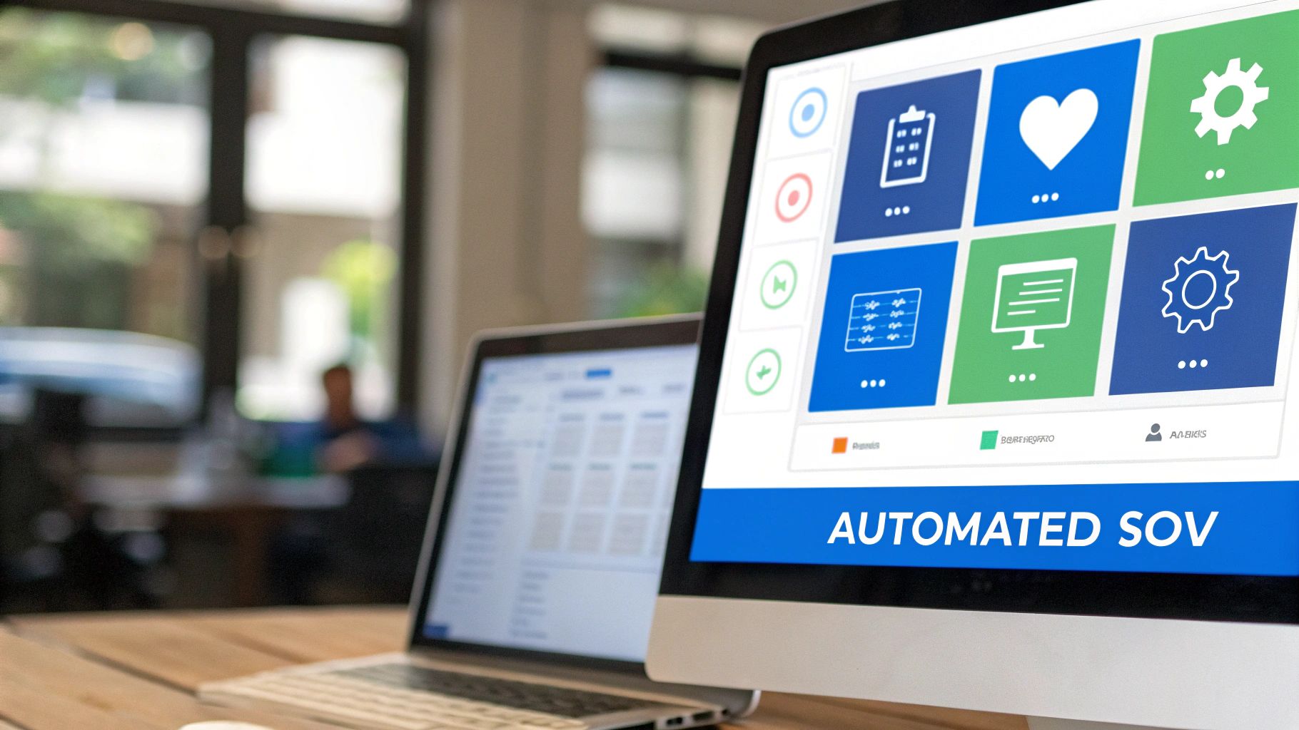 Close-up of a desktop monitor displaying a software interface with various icons and 'AUTOMATED SOV'.