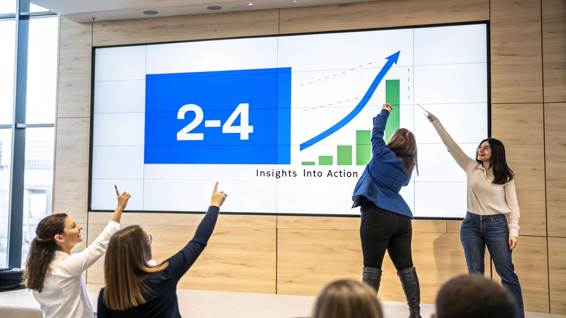 Businesswomen enthusiastically present data-driven marketing insights and a growth chart on a large screen.