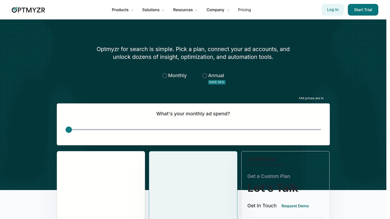 Optmyzr pricing plans for PPC advertising software