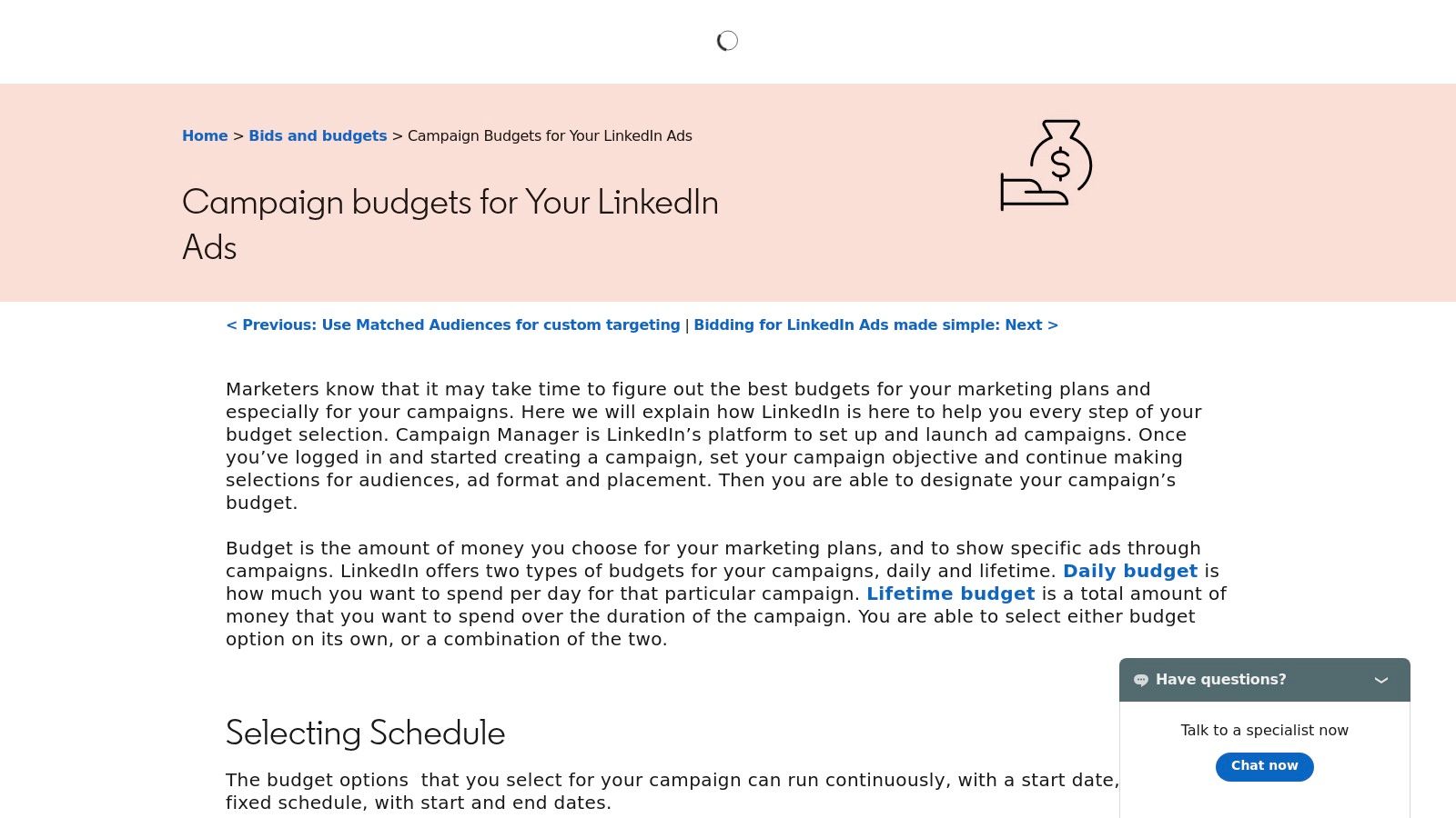 LinkedIn Ads campaign budget and schedule settings screen