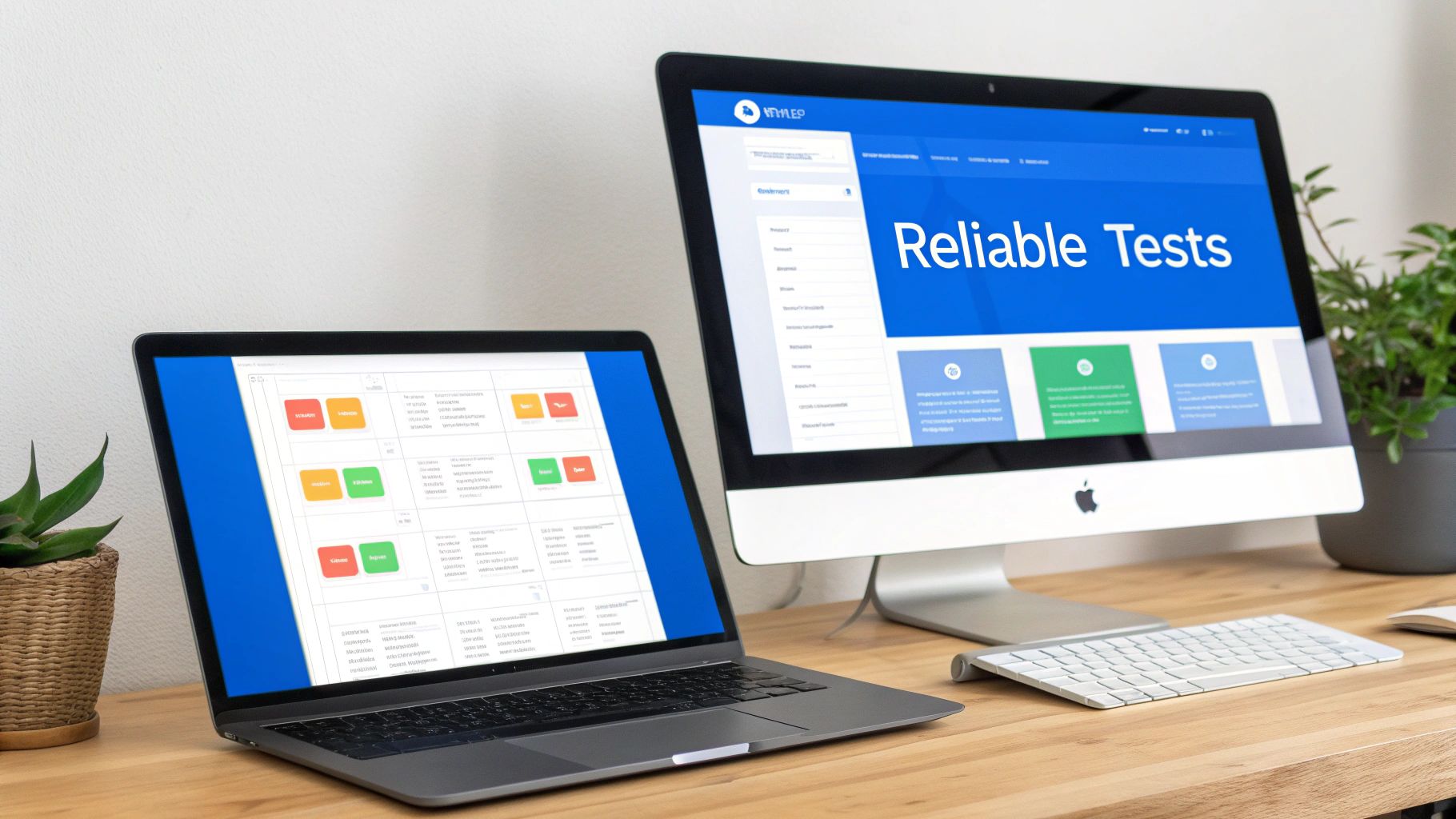 Two computers, a laptop and a desktop monitor, displaying web interfaces on a modern wooden desk.
