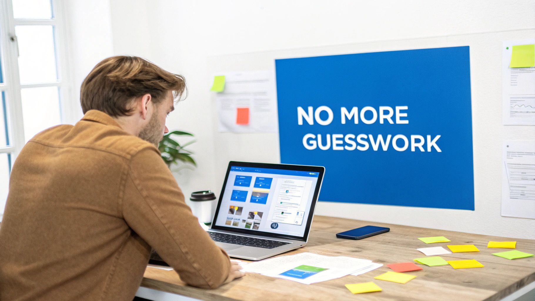 A man focused on his laptop at a desk with a 'NO MORE GUESSWORK' sign.