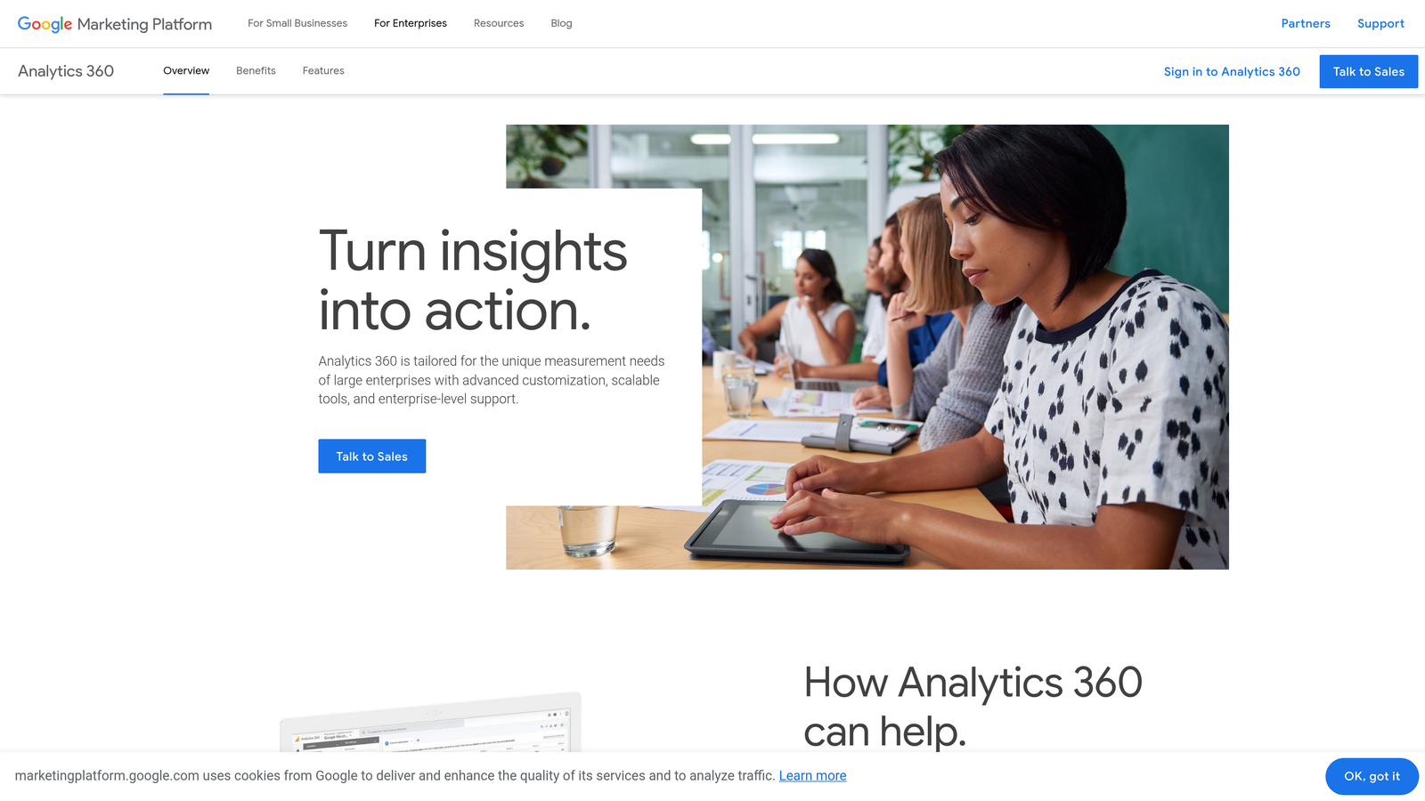Screenshot of Google Analytics 360 website