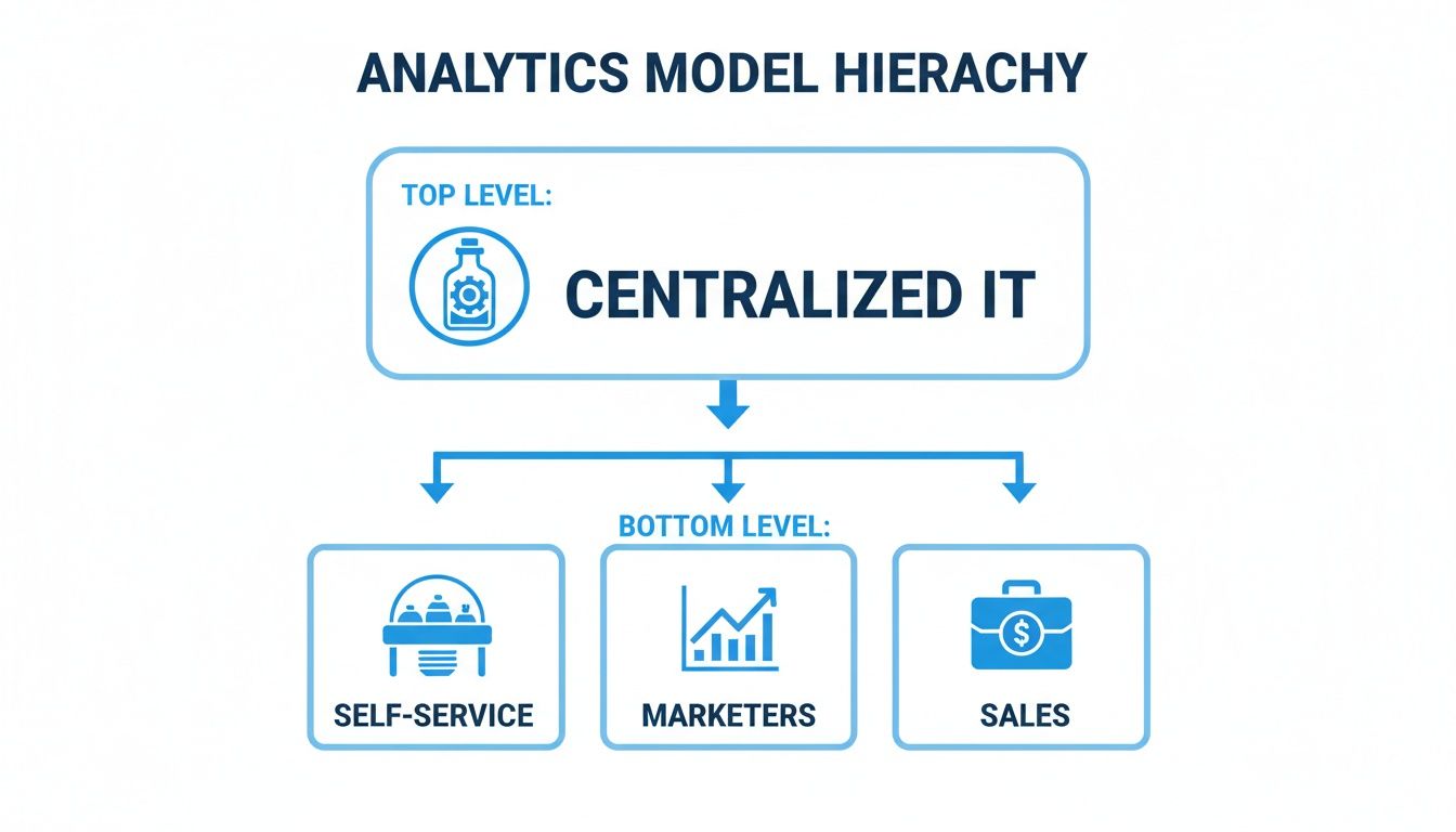 Analytics model hierarchy illustrating Centralized IT at the top, supporting Self-Service, Marketers, and Sales.