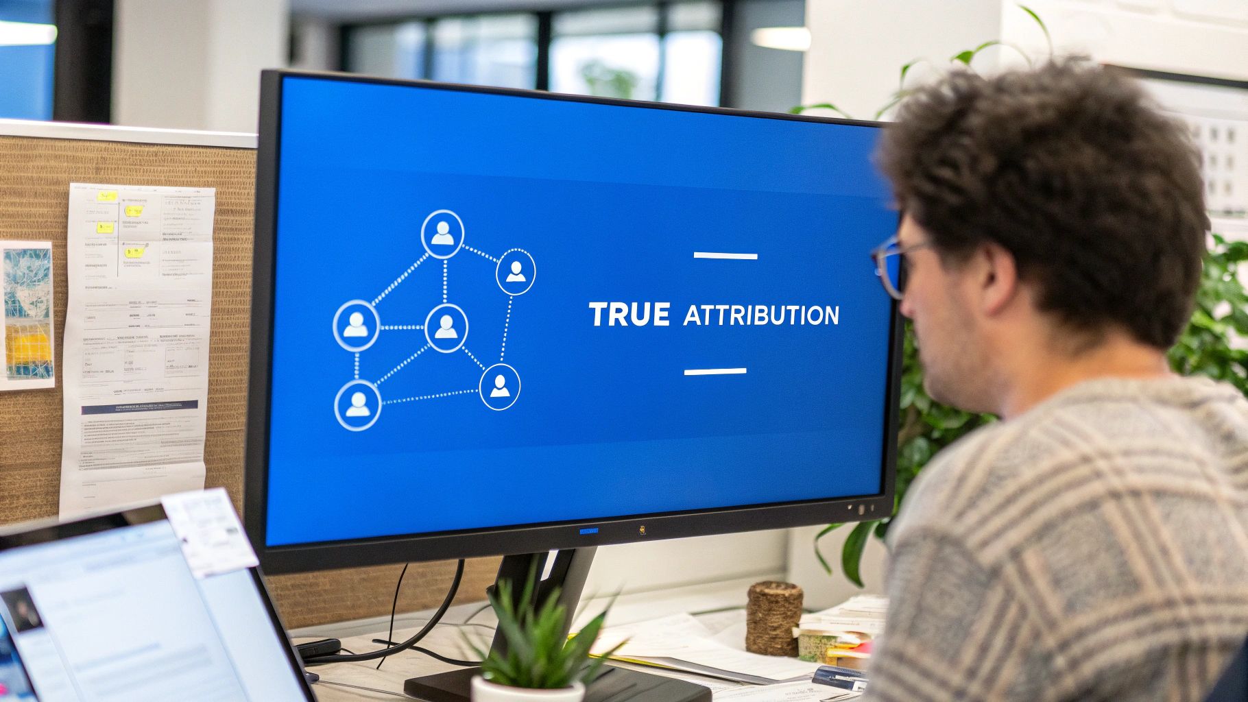 A person in an office workspace views a computer monitor displaying 'TRUE ATTRIBUTION' with a network diagram.