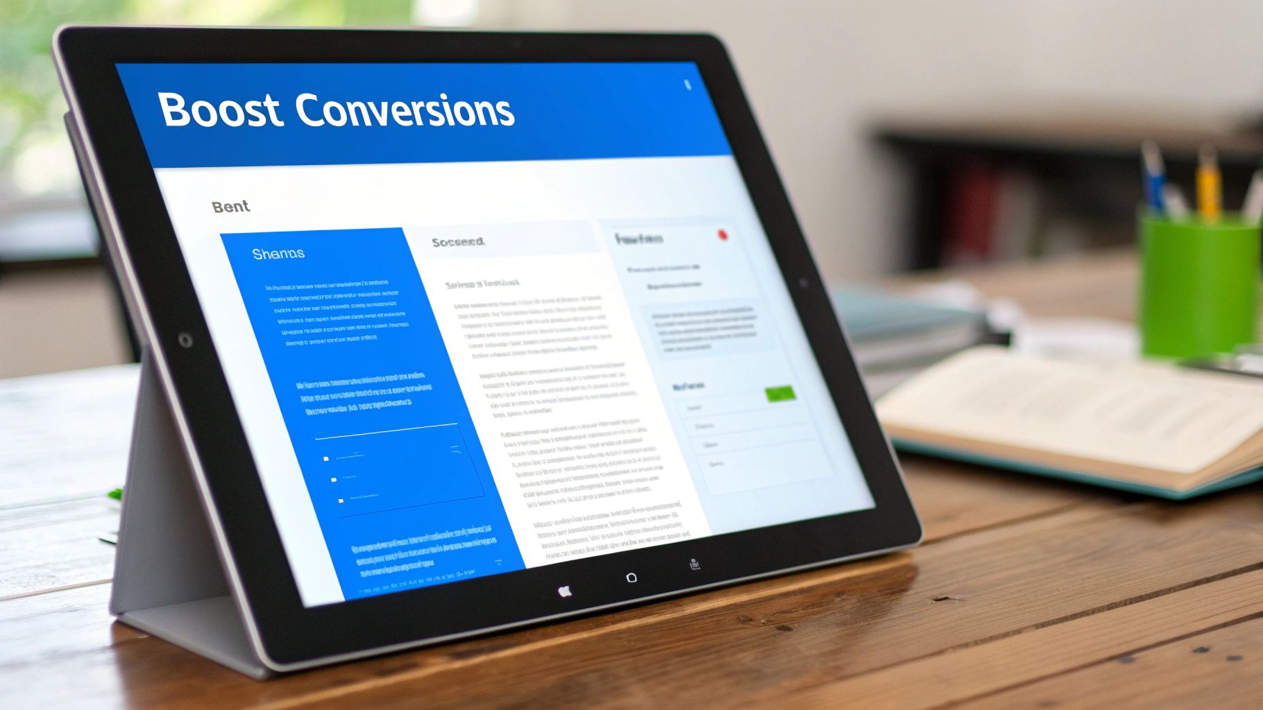 A tablet on a wooden desk displays a webpage with the title 'Boost Conversions' for ecommerce.