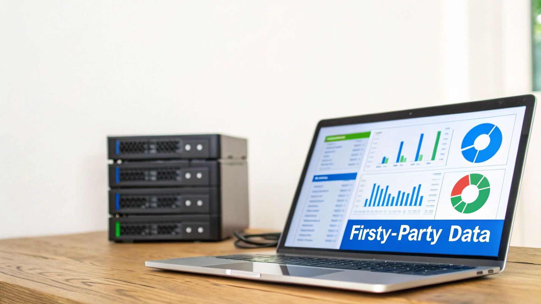 A laptop displays data analytics charts and the text 'First-Party Data' next to server racks.