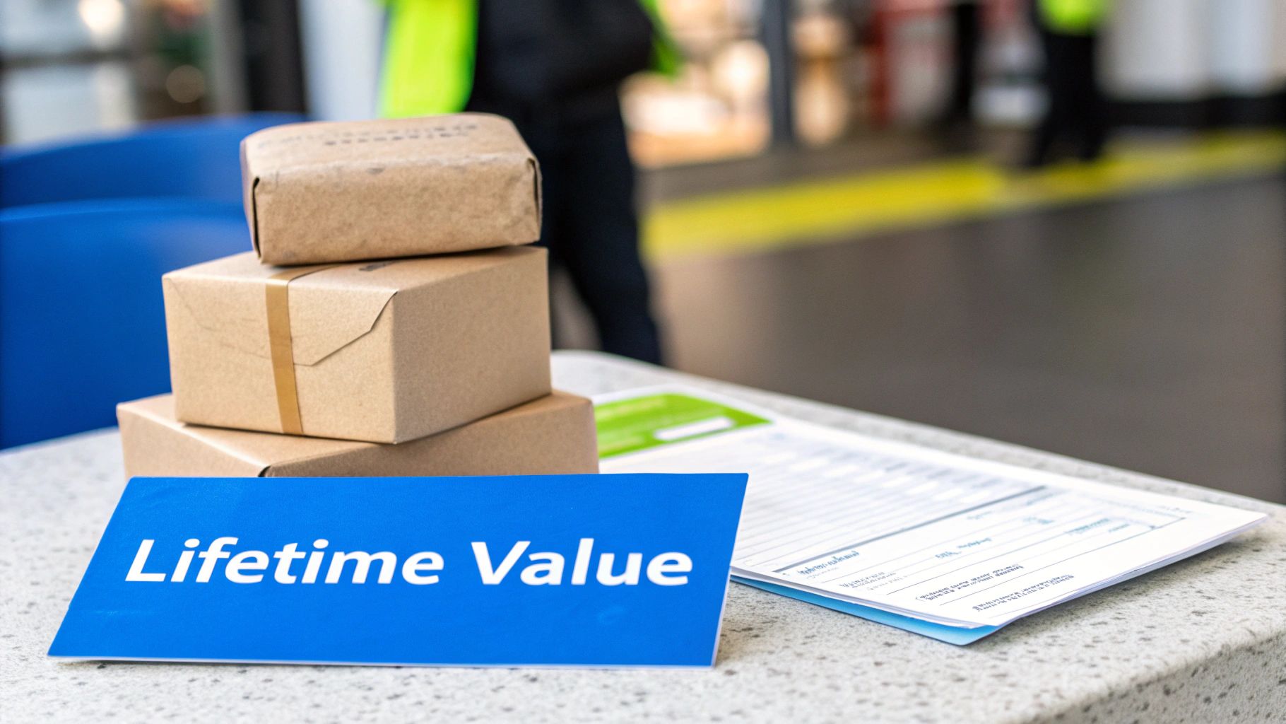 Stack of brown cardboard boxes next to a blue 'Lifetime Value' sign and documents on a counter.