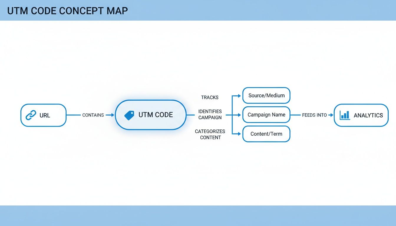 A concept map illustrating how UTM codes in URLs track source, campaign, and content for analytics.