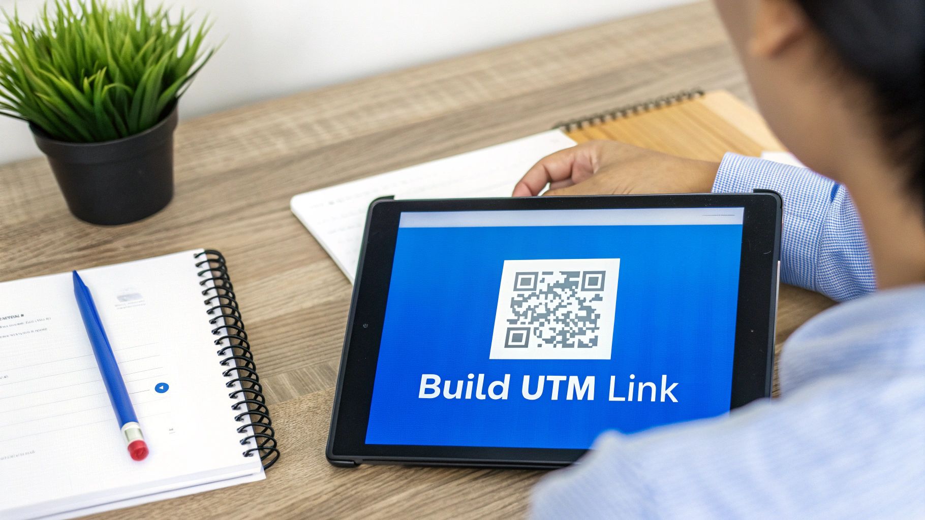 Person using a tablet to generate a UTM link, displaying a QR code on a wooden desk.